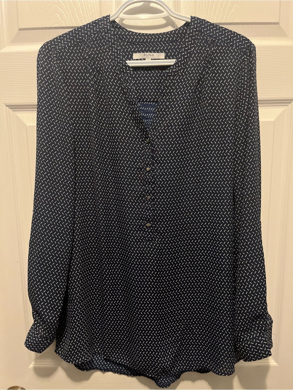 Alfred Sung Top Navy Blue Micro Geometric Print Long Sleeve Tunic Blouse Medium
